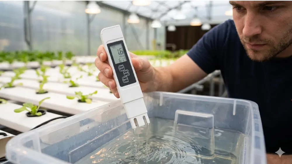 Een kweker test de EC-waarde van een voedingsoplossing voor een hydrocultuursysteem