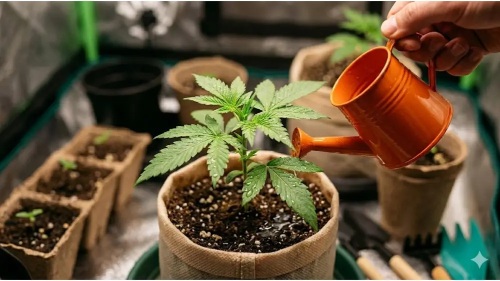 Een cannabisplant water geven met voeding met de juiste EC- en pH-waarde