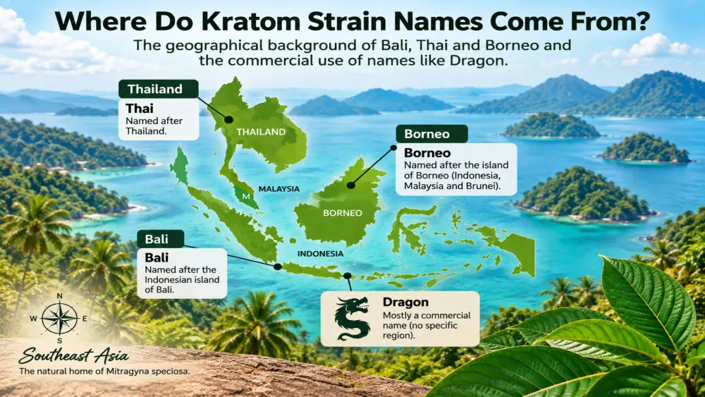 Herkomst van kratom namen Bali, Thai en Borneo in Zuidoost-Azië