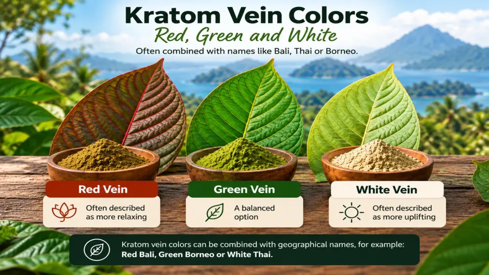 Verschil tussen Red, Green en White kratom en geografische kratom namen