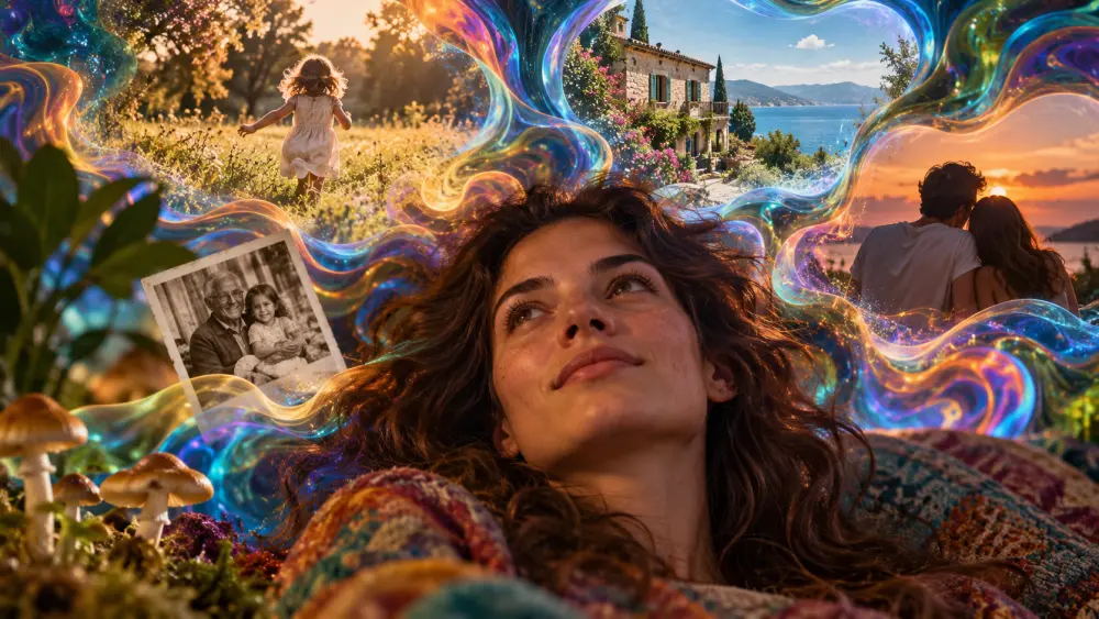 Vrouw tijdens een psychedelische ervaring met kleurrijke beelden van oude herinneringen
