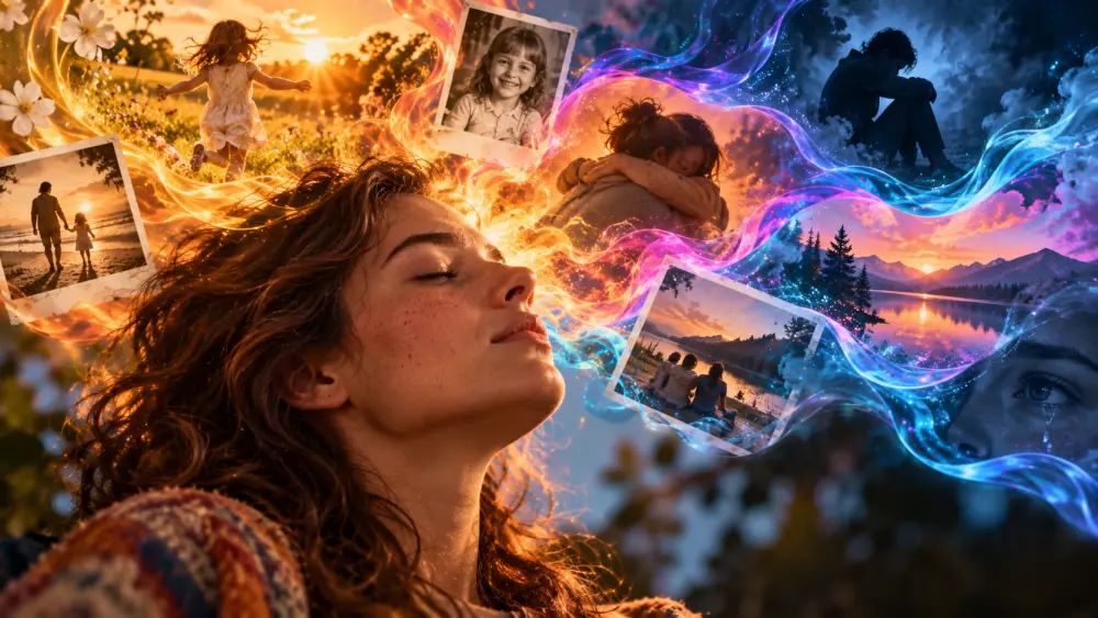 Emotionele herinneringen die als kleurrijke beelden opkomen tijdens een psychedelische ervaring