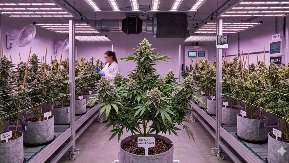 Cannabisplanten in de bloeifase onder een vast 12/12 lichtschema