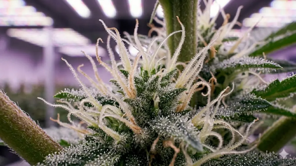 Gezonde cannabis toppen met harsrijke trichomen en ontwikkelde schutbladen tijdens de bloeifase