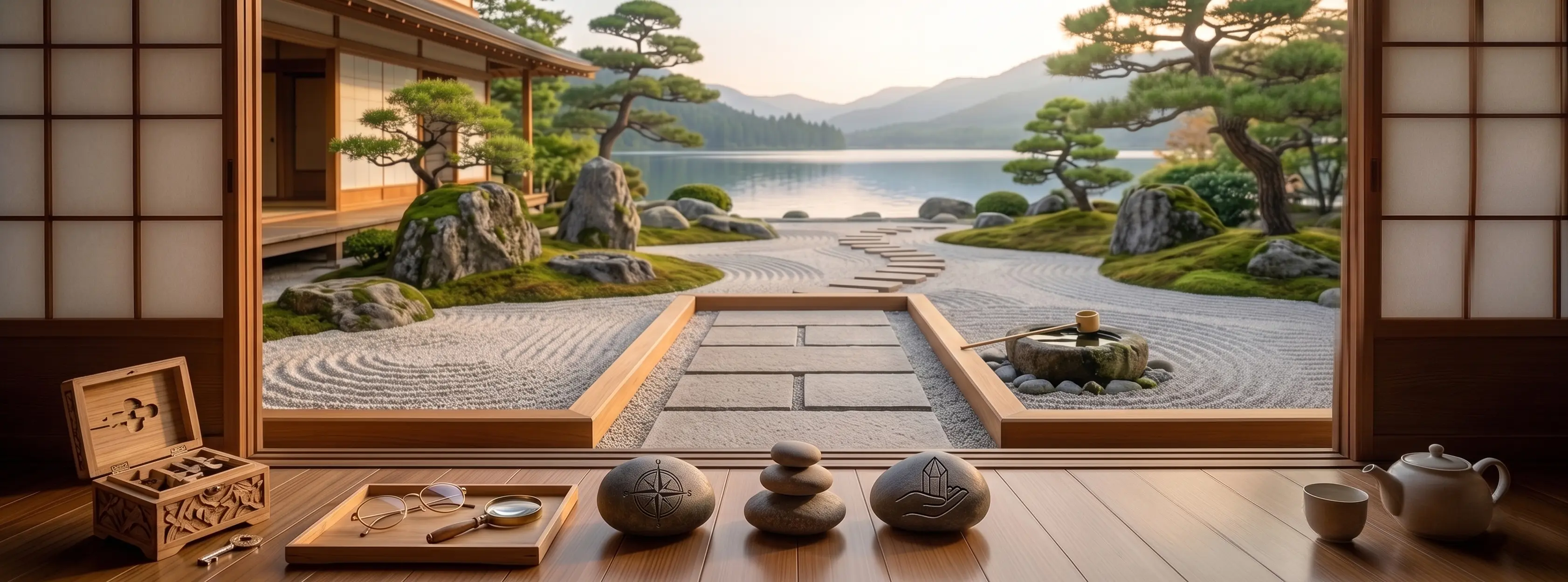 Een rustgevende panoramische Japanse zen-tuin gezien vanuit een houten kamer