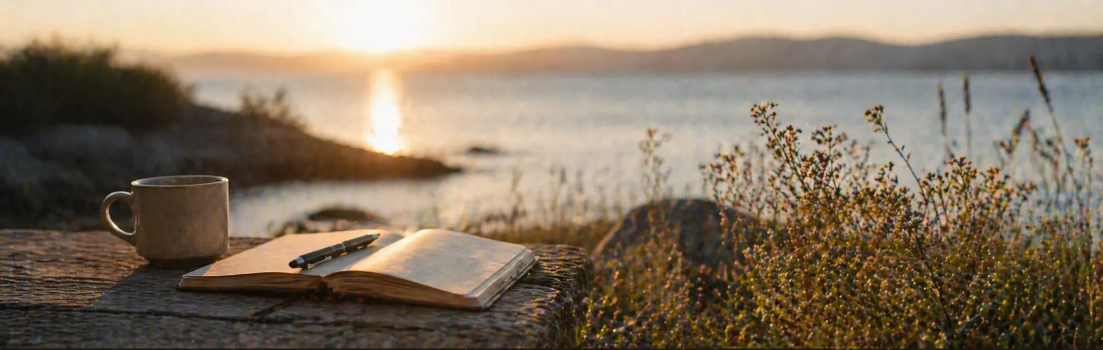 Zonsondergang bij het meer met boek